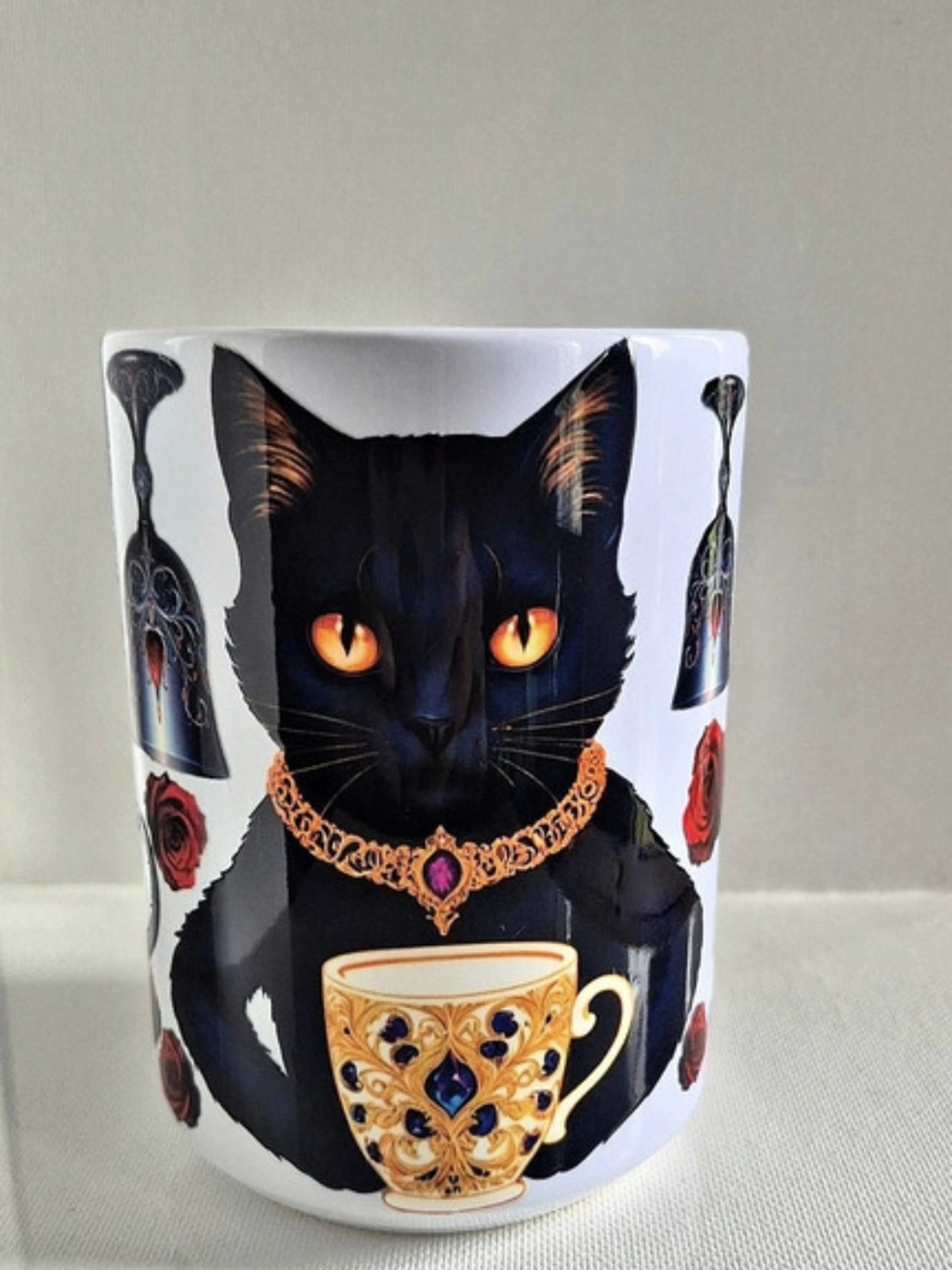 Regal Fancy Cat Tea Cup Crimson Rose Design 15oz Ceramic Coffee Mug